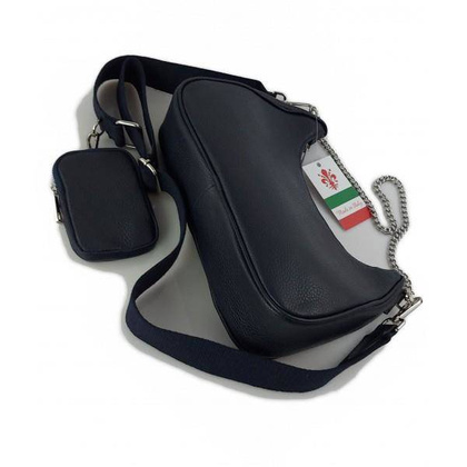 Włoska listonoszka, przewieszka ,Vera Pelle srebrne okucia ,szeroki pasek, Granatowa VP742BS