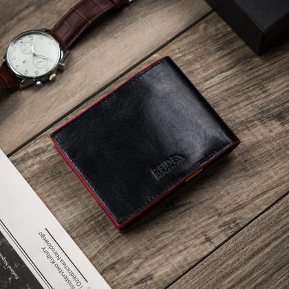Elegancki portfel męski z czerwonym akcentem