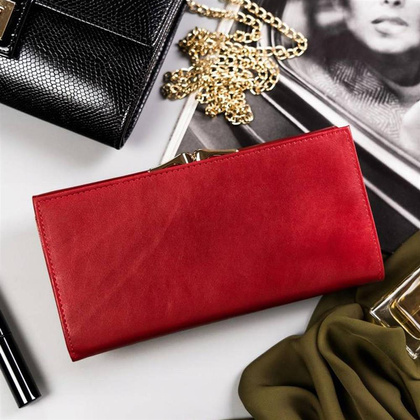 Duży, skórzany portfel damski na zatrzask i bigiel