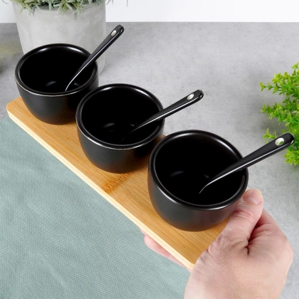 Miseczki na przekąski z łyżeczkami ceramiczne czarne 90 ml 7 el.