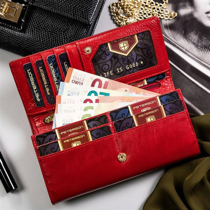 Duży, skórzany portfel damski na zatrzask i bigiel