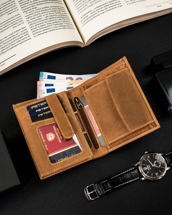 Duzy pionowy portfel meski ze skory naturalnej