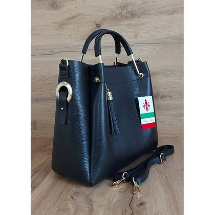 Włoski kuferek Shopperka A4 ,złote okucia + frędzelek Vera Pelle Czarny KLV33N