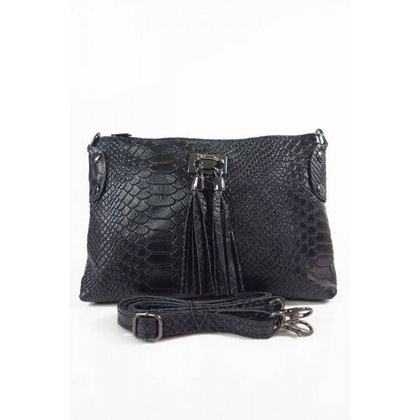 Skórzana włoska listonoszka ,wężowa skórka,frędzelki czarna LP149N