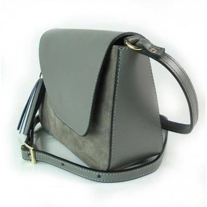 Skórzana torebka listonoszka Vera Pelle złote okucia,frędzelek, zamsz Szara VP113G