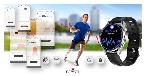 Smartwatch Giewont GW450-4 Srebrny + Pasek Czarny Silikonowy