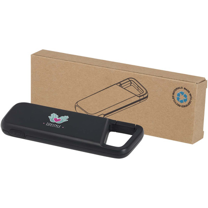 Alkes wodoodporny powerbank z karabińczykiem o pojemności 5000 mAh i mocy 12 W, wykonany z tworzyw sztucznych pochodzących z recyklingu