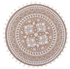 Podkładka okrągła z wzorem i białymi pomponikami z juty