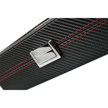 Szkatułka pudełko na zegarki 6szt, etui, Karbon czarny, czerwone przeszycia, szkło PD59