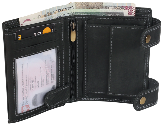 Atrakcyjny, skórzany portfel męski z mosiężnym łańcuchem