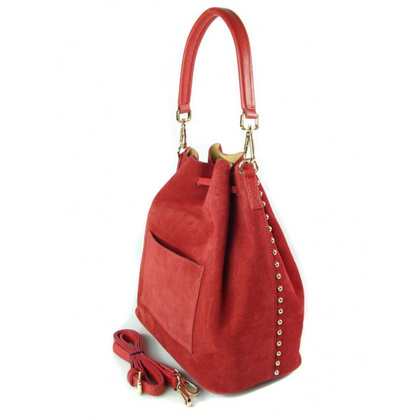 Duży zamszowy skórzany worek na ramię złote okucia dzety czerwony MK46R