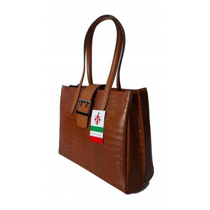 Duża włoska torba ,kuferek A4 skóra motyw krokodyla Vera Pelle , Camel VP645C