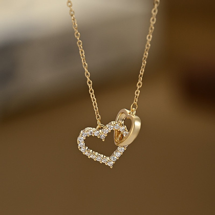 Naszyjnik stal szlachetna pozłacana 14k złotem, podwójne SERCA cyrkonie NST2197