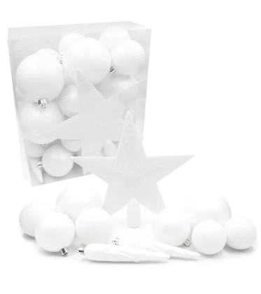 Bombki choinkowe ze szpicem komplet 33 szt. nietłukących plastikowych bombek AK - Biały