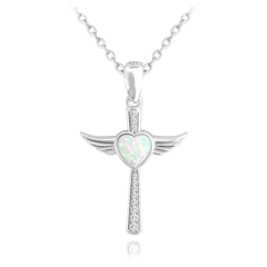 MINET Naszyjnik srebrny ANIELSKI KRZYŻ z białym opalowym sercem