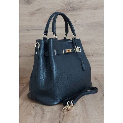 Skórzana Włoska duża torba Vera Pelle,złote okucia ,kłódka Czarna BERK753N