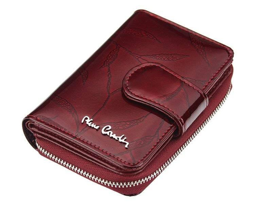 Mały, pionowy portfel ze skóry naturalnej lakierowanej z motywem liści