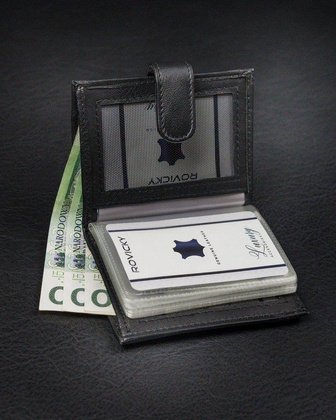 Pionowe, skórzane etui na karty z zapinką i kieszenią na banknoty