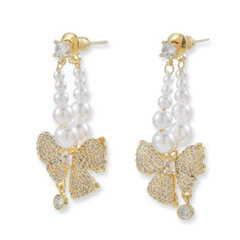 Kolczyki KOKARDY ze stali szlachetnej platerowane 14k złote, perły i cyrkonie KST3342