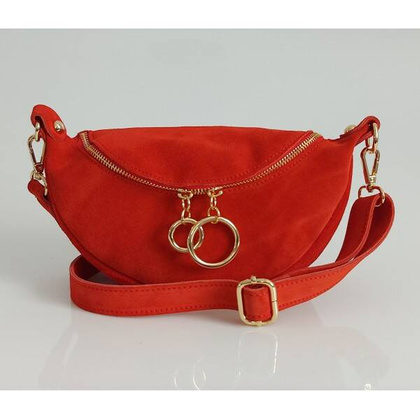 Czerwona zamszowa listonoszka - nerka Włoska Vera Pelle złote okucia kółka LN633R