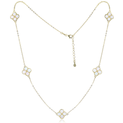 MINET Pozłacany srebrny naszyjnik koniczynkami z białą masą perłową