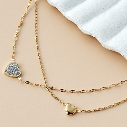 Bransoletka podwójna na rękę stal chirurgiczna pozłacana 14k złotem, serca, cyrkonie - BST1549