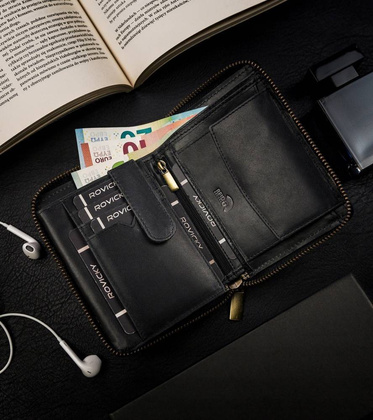 Pionowy portfel męski na zamek z przeszyciami, skóra naturalna