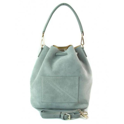 Duży zamszowy skórzany worek na ramię złote okucia dzety szary MK46G