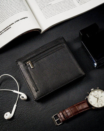Poziomy portfel męski ze schowkiem na suwak, skóra naturalna, rfid stop