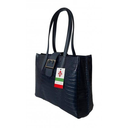 Duża włoska torba ,kuferek A4 skóra motyw krokodyla Vera Pelle , Granatowa VP645BS