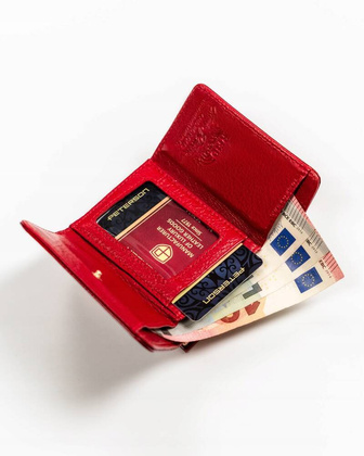 Niewielki skorzany portfel damski na bigiel i zatrzask