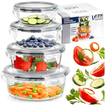 Pojemniki na żywność szklane z pokrywką i uszczelką okrągłe 4 szt.