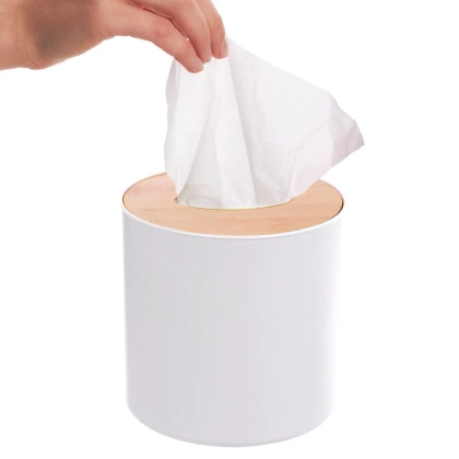 Mini kosz łazienkowy na śmieci odpady biały z bambusową pokrywką stołowy 1,5 l