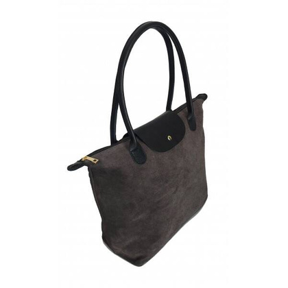 Duża zamszowa włoska torba XL- A4 , worek shopper na ramię Vera Pelle Szara z Czarnym VKA41GN