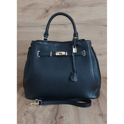 Skórzana Włoska duża torba Vera Pelle,złote okucia ,kłódka Czarna BERK753N