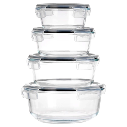 Pojemniki na żywność szklane z pokrywką i uszczelką okrągłe 4 szt.