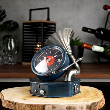 Zegar stołowy gramofon metalowy granatowy retro vintage 16,5x16,5 x 19 cm