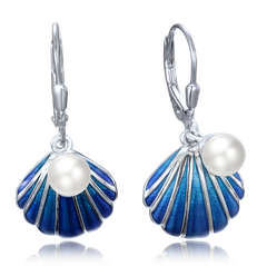 MINET Srebrne kolczyki z niebieską muszelką i perłą