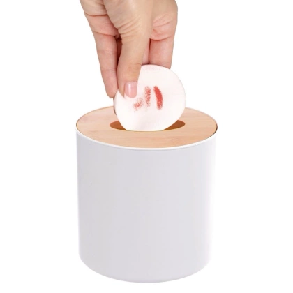 Mini kosz łazienkowy na śmieci odpady biały z bambusową pokrywką stołowy 1,5 l