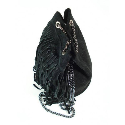 ZAMSZOWA LISTONOSZKA WOREK FRĘDZLE WŁOSKA SKÓRZANA CZARNA TOREBKA WL45N