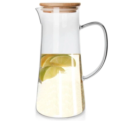 Dzbanek z pokrywką bambusową i uchwytem do napojów zimnych i gorących szklany 1,35 l
