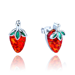 MINET Dziecięce srebrne kolczyki truskawki z czerwonym opalem