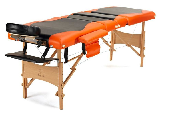 Stół, łóżko do masażu 4-segmentowe drewniane Czarno Pomarańczowe