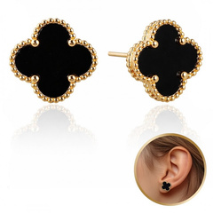 Kolczyki ze stali szlachetnej platerowane 14k złotem, sztyft, Koniczynka czarna KST3377