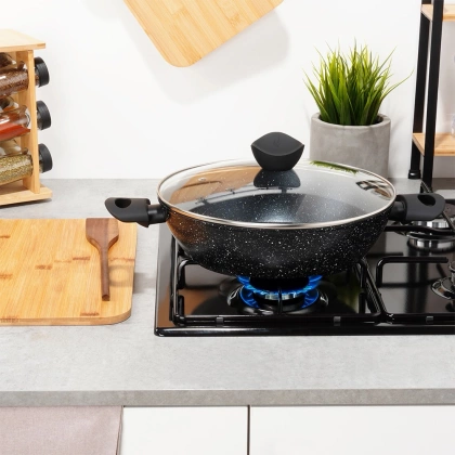 Patelnia granitowa głęboka ze szklaną pokrywką BLACK LINE 28 cm, 3,5 l