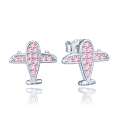 MINET Kolczyki srebrne samoloty z różowymi cyrkoniami