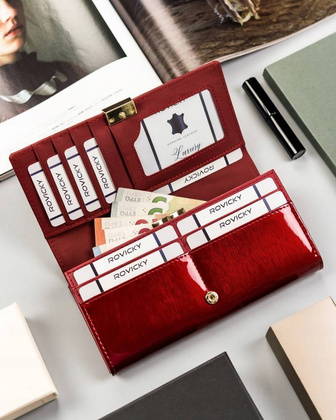 Lakierowany, duży portfel damski ze skóry naturalnej