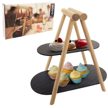 Patera 2-poziomowa drewniana kamienna 41x24x38,5 cm