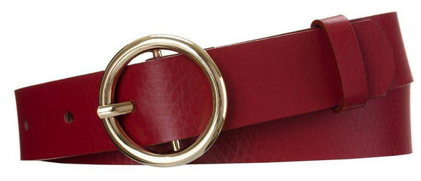 Połyskujący, skórzany pasek damski ze złotą, okrągłą klamrą