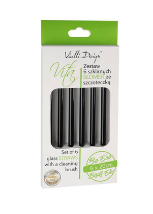 Słomki szklane czarne 20cm zestaw 6 sztuk ze szczoteczką 26599